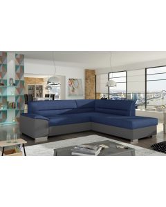 Canapé d'angle Verso en Tissu Bleu et Simili-cuir Gris convertible + coffre de rangement