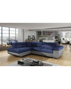 Canapé d'angle Ontan en Tissu Bleu et Simili-cuir Gris convertible + coffre de rangement